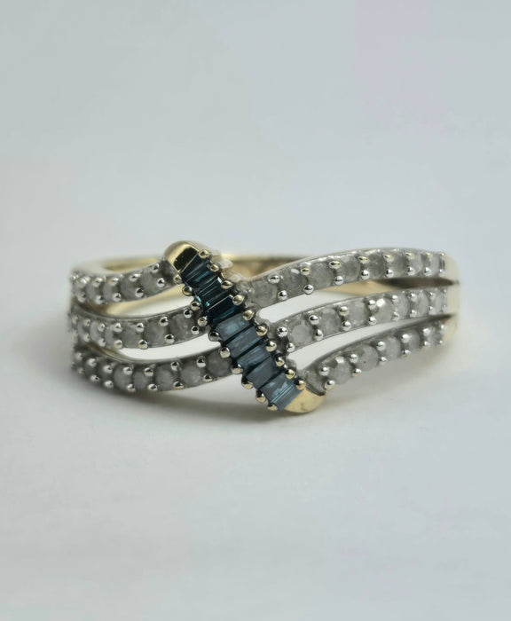 Vintage: 9ct Yellow Gold Blue & White Diamond Openwork Dress Ring