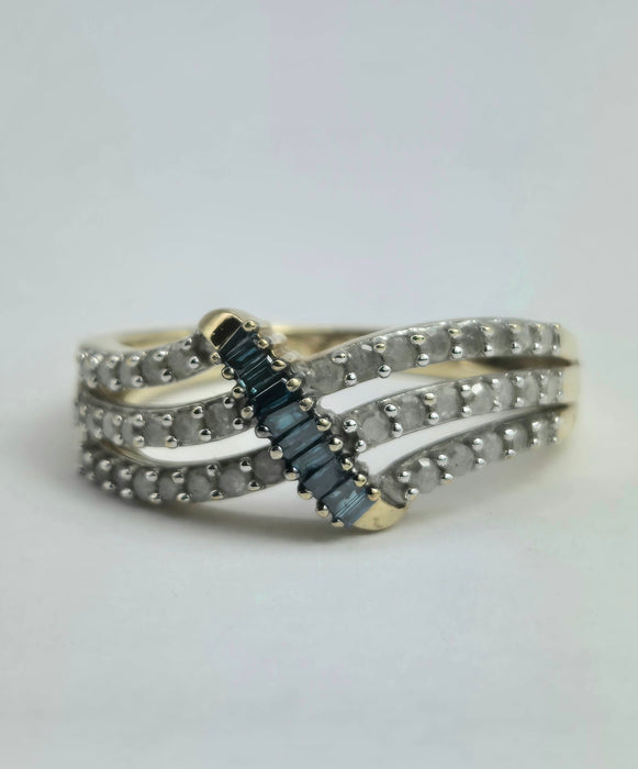 Vintage: 9ct Yellow Gold Blue & White Diamond Openwork Dress Ring