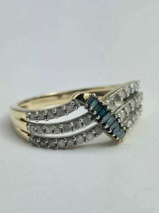 Vintage: 9ct Yellow Gold Blue & White Diamond Openwork Dress Ring