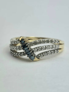 1895: Vintage: 9ct Gold Blue & White Diamonds Openwork Dress Ring- 50 natural sparkling diamonds