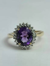 Load image into Gallery viewer, 1917: Vintage: 9ct Gold purple Amethyst 22 Diamonds Halo Ring- Sparkling beauty
