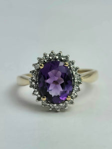 1917: Vintage: 9ct Gold purple Amethyst 22 Diamonds Halo Ring- Sparkling beauty