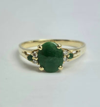 Load image into Gallery viewer, 2011: Vintage: 14ct Gold 3 Emeralds Diamonds Dress Ring- Art deco style
