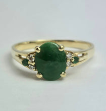 Load image into Gallery viewer, 2011: Vintage: 14ct Gold 3 Emeralds Diamonds Dress Ring- Art deco style
