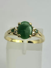 Load image into Gallery viewer, 2011: Vintage: 14ct Gold 3 Emeralds Diamonds Dress Ring- Art deco style
