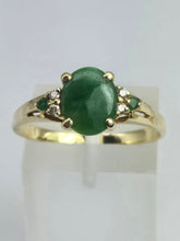 Load image into Gallery viewer, 2011: Vintage: 14ct Gold 3 Emeralds Diamonds Dress Ring- Art deco style
