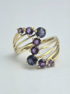 2053: Vintage: 9ct Gold Iolite Amethysts Abstract Cocktail Ring- Inspirationl