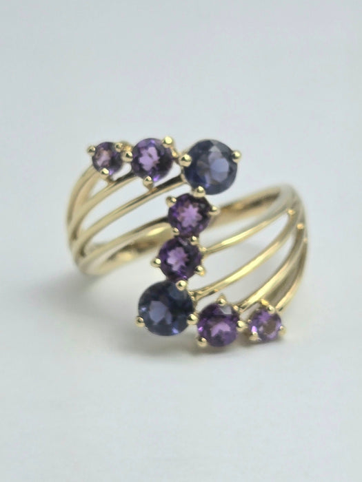 2053: Vintage: 9ct Gold Iolite Amethysts Abstract Cocktail Ring- Inspirationl
