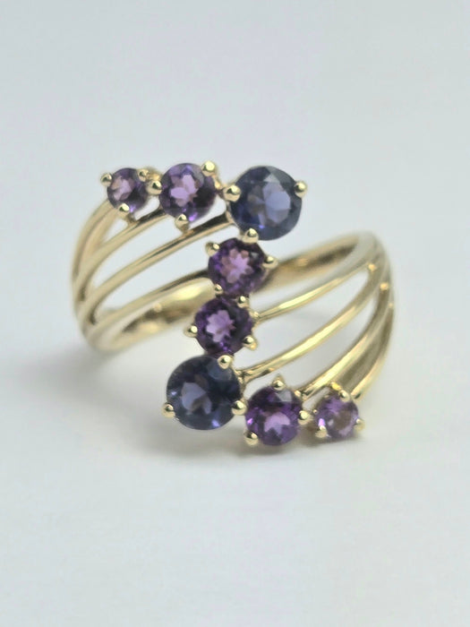 2053: Vintage: 9ct Gold Iolite Amethysts Abstract Cocktail Ring- Inspirationl