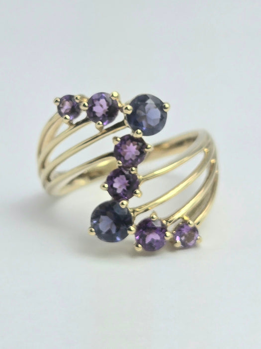 2053: Vintage: 9ct Gold Iolite Amethysts Abstract Cocktail Ring- Inspirationl