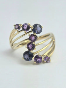 2053: Vintage: 9ct Gold Iolite Amethysts Abstract Cocktail Ring- Inspirationl