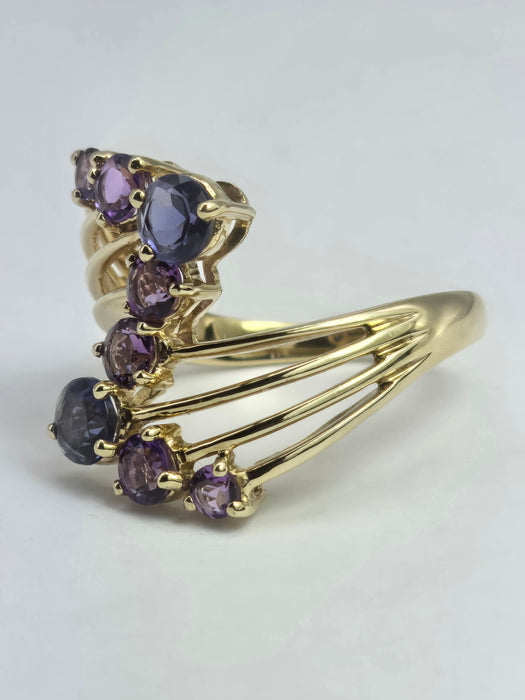 2053: Vintage: 9ct Gold Iolite Amethysts Abstract Cocktail Ring- Inspirationl