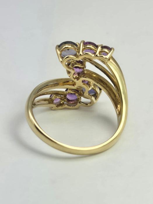 2053: Vintage: 9ct Gold Iolite Amethysts Abstract Cocktail Ring- Inspirationl