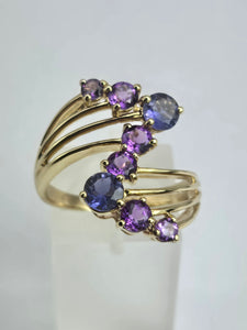 2053: Vintage: 9ct Gold Iolite Amethysts Abstract Cocktail Ring- Inspirationl