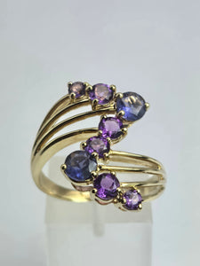 2053: Vintage: 9ct Gold Iolite Amethysts Abstract Cocktail Ring- Inspirationl