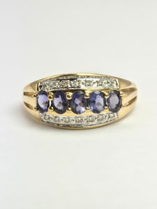 2018: Vintage: 9ct Gold Violet Blue Iolites 14 Diamonds Dress Ring- a beauty