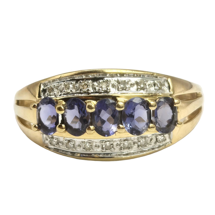 2018: Vintage: 9ct Gold Violet Blue Iolites 14 Diamonds Dress Ring- a beauty