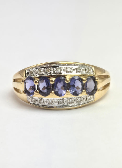 2018: Vintage: 9ct Gold Violet Blue Iolites 14 Diamonds Dress Ring- a beauty