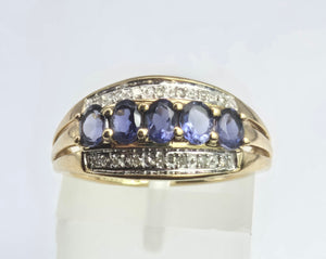 2018: Vintage: 9ct Gold Violet Blue Iolites 14 Diamonds Dress Ring- a beauty
