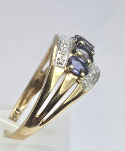 2018: Vintage: 9ct Gold Violet Blue Iolites 14 Diamonds Dress Ring- a beauty