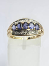 Load image into Gallery viewer, 2018: Vintage: 9ct Gold Violet Blue Iolites 14 Diamonds Dress Ring- a beauty

