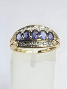 2018: Vintage: 9ct Gold Violet Blue Iolites 14 Diamonds Dress Ring- a beauty