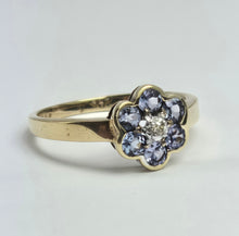 Load image into Gallery viewer, 2115: Vintage: 9ct Gold 6 Tanzanites Diamond Floral Daisy Ring
