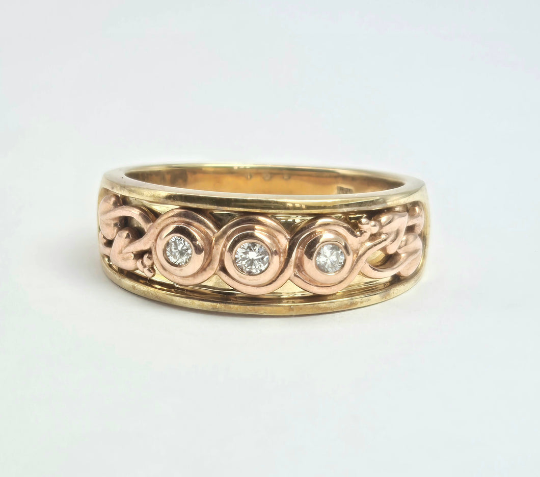 2120: Vintage & Heavy 9ct Gold Round Cut Diamond Trilogy Clogau Style- Statement