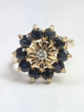 Load image into Gallery viewer, 2121: Vintage: 9ct Gold Diamond Blue Sapphires Diamonds Flower Head Ring- from 1980
