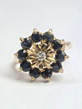 Load image into Gallery viewer, 2121: Vintage: 9ct Gold Diamond Blue Sapphires Diamonds Flower Head Ring- from 1980
