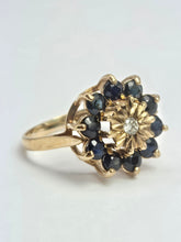 Load image into Gallery viewer, 2121: Vintage: 9ct Gold Diamond Blue Sapphires Diamonds Flower Head Ring- from 1980
