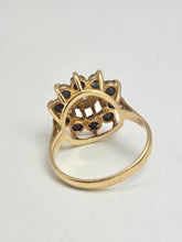Load image into Gallery viewer, 2121: Vintage: 9ct Gold Diamond Blue Sapphires Diamonds Flower Head Ring- from 1980
