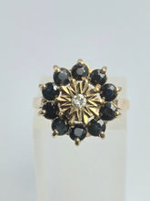 Load image into Gallery viewer, 2121: Vintage: 9ct Gold Diamond Blue Sapphires Diamonds Flower Head Ring- from 1980

