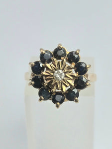 2121: Vintage: 9ct Gold Diamond Blue Sapphires Diamonds Flower Head Ring- from 1980