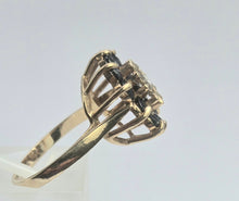 Load image into Gallery viewer, 2121: Vintage: 9ct Gold Diamond Blue Sapphires Diamonds Flower Head Ring- from 1980
