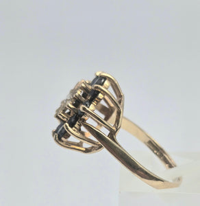 2121: Vintage: 9ct Gold Diamond Blue Sapphires Diamonds Flower Head Ring- from 1980