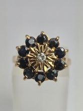 Load image into Gallery viewer, 2121: Vintage: 9ct Gold Diamond Blue Sapphires Diamonds Flower Head Ring- from 1980
