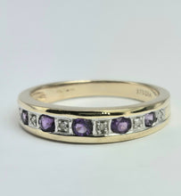 Cargar imagen en el visor de la galería, 2134: Vintage: 9ct Gold 5 Amethysts 6 Diamonds Channel Set Stacker/Half Eternity Ring
