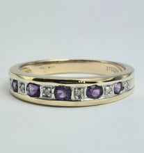 Cargar imagen en el visor de la galería, 2134: Vintage: 9ct Gold 5 Amethysts 6 Diamonds Channel Set Stacker/Half Eternity Ring

