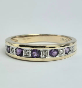 2134: Vintage: 9ct Gold 5 Amethysts 6 Diamonds Channel Set Stacker/Half Eternity Ring