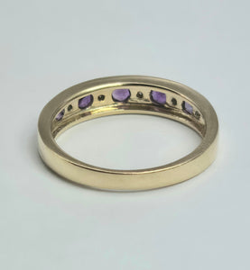 2134: Vintage: 9ct Gold 5 Amethysts 6 Diamonds Channel Set Stacker/Half Eternity Ring