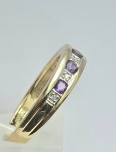 2134: Vintage: 9ct Gold 5 Amethysts 6 Diamonds Channel Set Stacker/Half Eternity Ring
