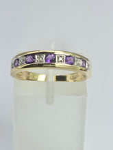 Cargar imagen en el visor de la galería, 2134: Vintage: 9ct Gold 5 Amethysts 6 Diamonds Channel Set Stacker/Half Eternity Ring
