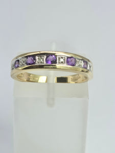 2134: Vintage: 9ct Gold 5 Amethysts 6 Diamonds Channel Set Stacker/Half Eternity Ring