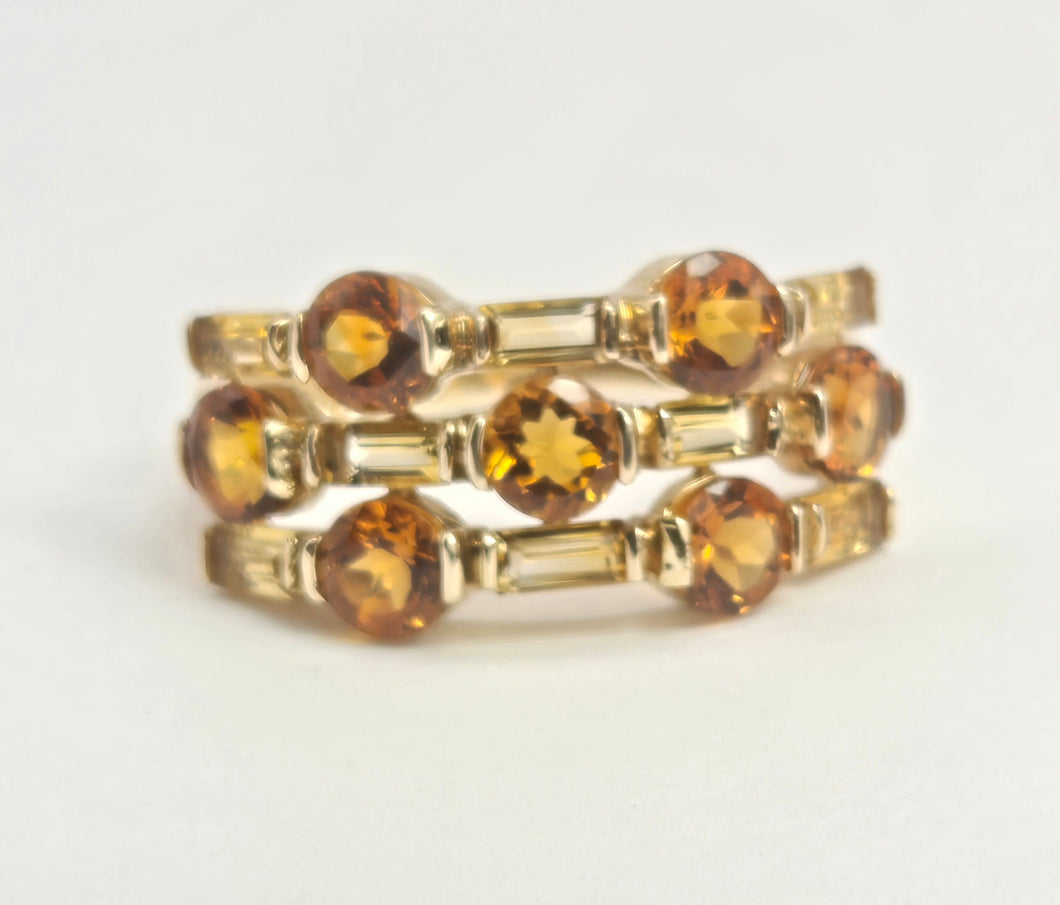 2157: Vintage; 9ct Gold Orange and Yellow Citrine Openwork Cocktail Ring
