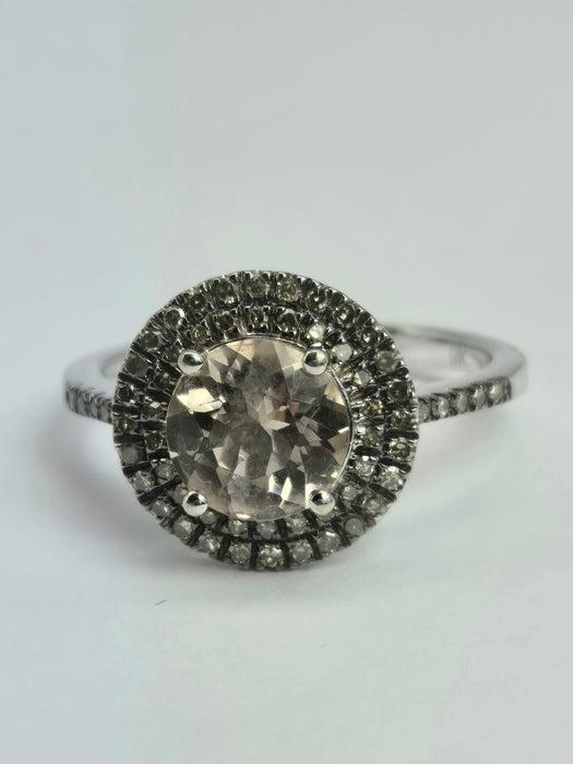 2161 Vintage: 9ct White Gold Morganite & Diamond Double Halo Dress Ring