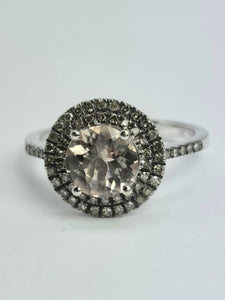 2161: Vintage; 9ct White Gold Pink Morganite 60 Natural Diamonds Halo Dress Ring