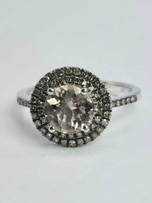 2161 Vintage: 9ct White Gold Morganite & Diamond Double Halo Dress Ring
