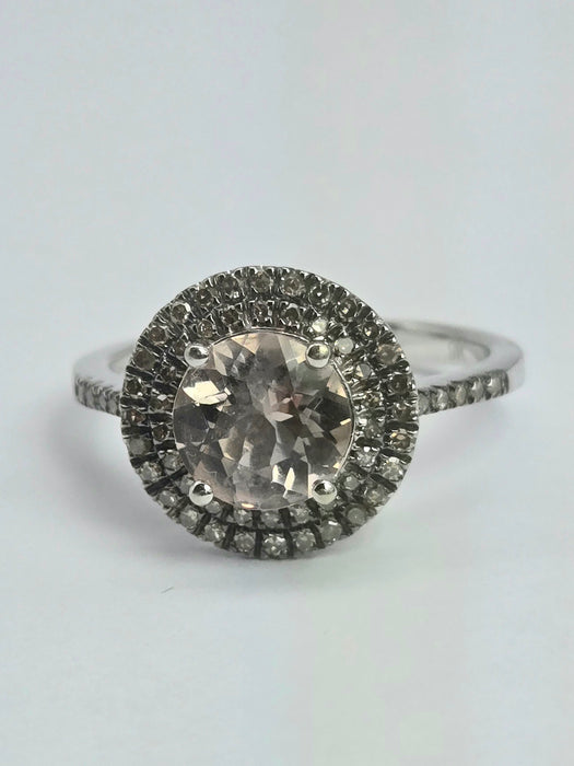 2161 Vintage: 9ct White Gold Morganite & Diamond Double Halo Dress Ring