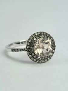 2161: Vintage; 9ct White Gold Pink Morganite 60 Natural Diamonds Halo Dress Ring